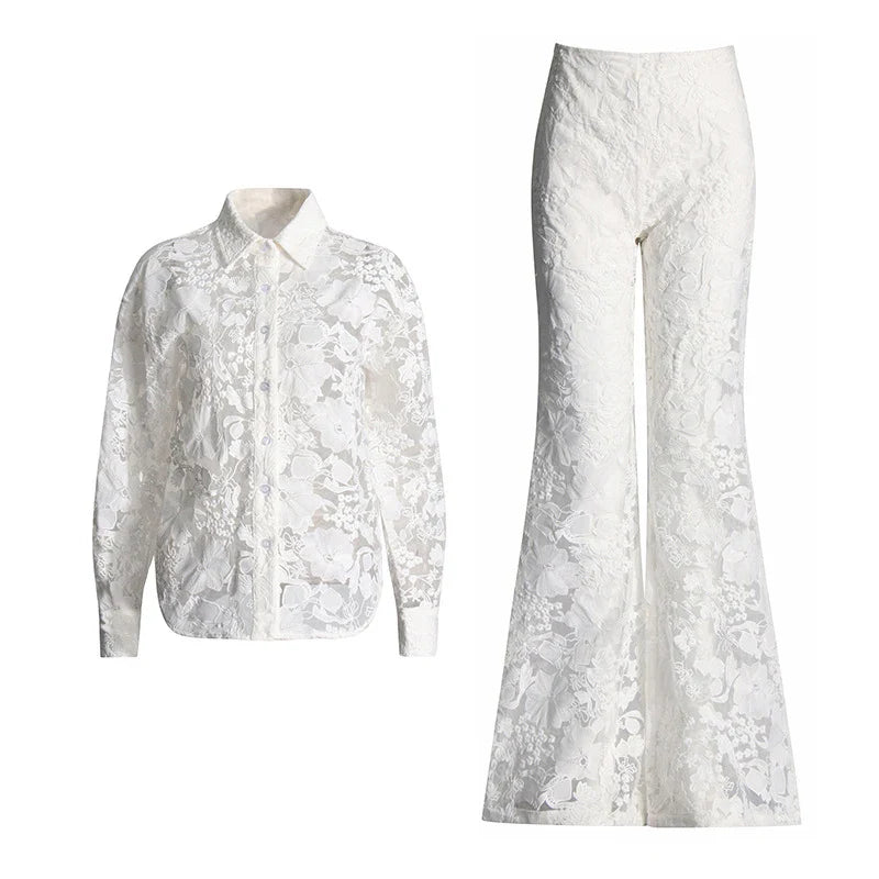 SF AL 24S031 Polyester Women 2 Pieces Sets Long Sleeve Shirt High Waist Lace Pants Two Piece Set Floral White Women's Suits