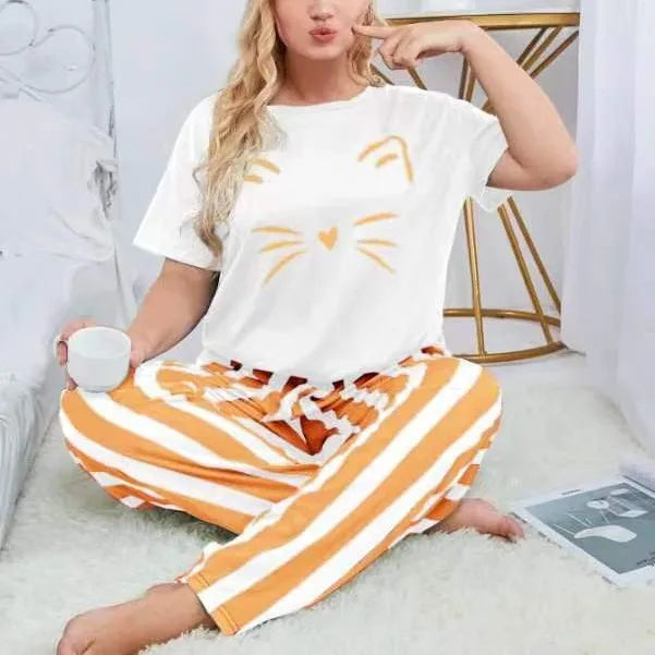 Russian Women's Loungewear Set Plus Size Cat Print Pajama Fat Size T-shirt and Striped Long Pants Sleepwear Comfy Homewear