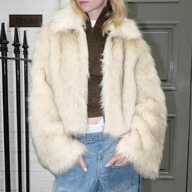 SF AL 24T293 Eco-Friendly Women Faux Fox Fur Coat Lapel Short Coats for Women Long Sleeves Ladies Faux Fur Coat