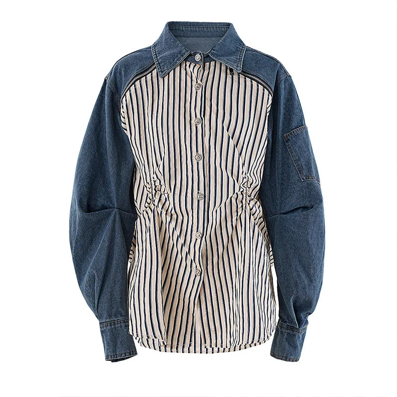 SF AL 24T319 Clashing Denim Zipper Loose Striped Shirt Patchwork Polyester Slim Fit Shirts for Women Ladies Blouse