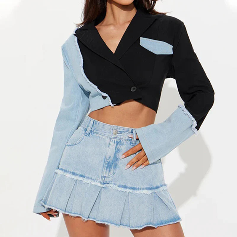 SF AL 24T300 Long Sleeve Custom Denim Jacket Colorblock Patchwork Cropped Women Jacket Winter Black Short Coat