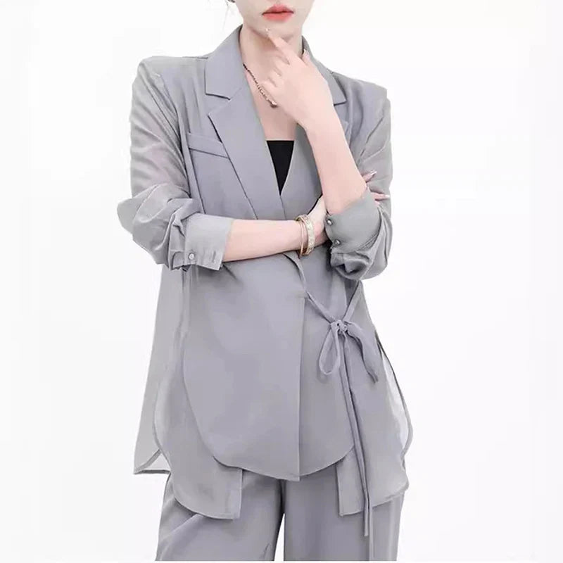 SF AL 24S040 Blazer Set for Women Lapel Thin Patchwork Ladies Suit Loose Wide-Legged Trousers Polyester Women Suits Set