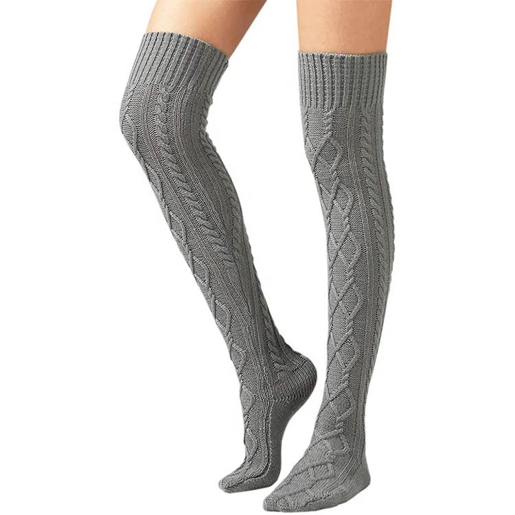 Can Custom logo Women OEM Knit Thigh Knee High Socks Boot Compression Extra Long Winter Cable Stockings