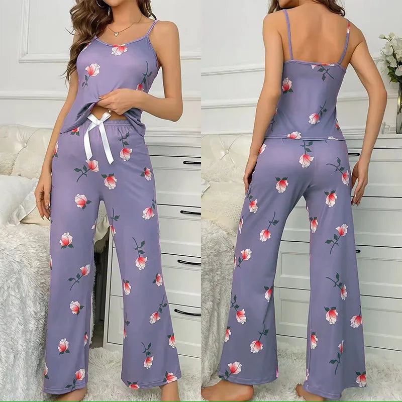 Sfy-y1470 Floral Print Women's Sleepwear Two-piece Sexy Casual Camisole and Pants Long Pants Pajamas Casual Loungewear Set