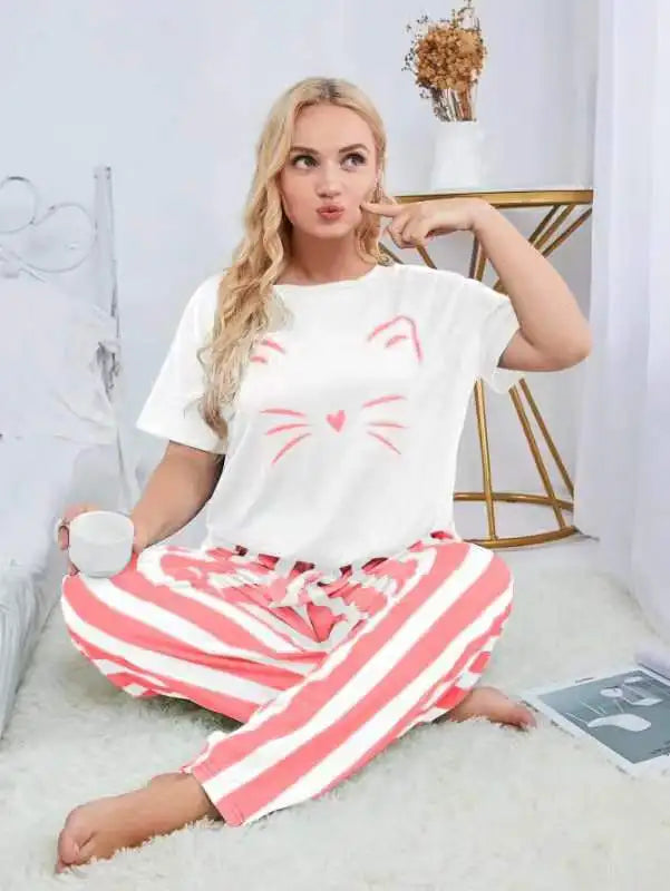 Russian Women's Loungewear Set Plus Size Cat Print Pajama Fat Size T-shirt and Striped Long Pants Sleepwear Comfy Homewear