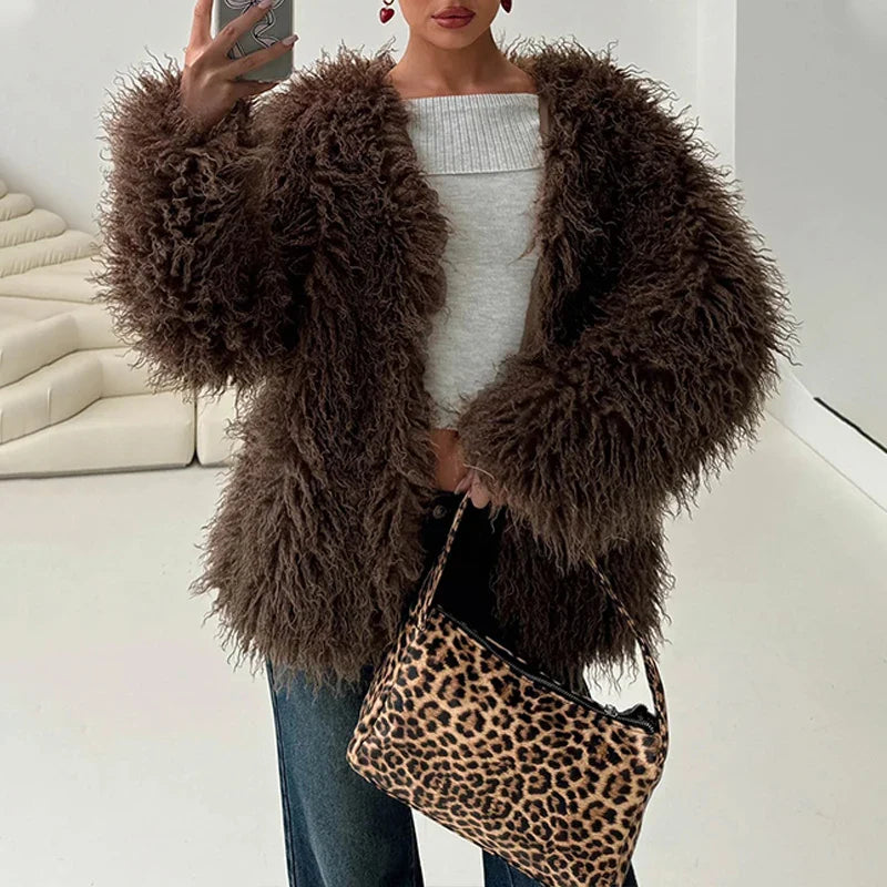 SF AL 24T327 V-Neck Faux Fur Coat Women Polyester Jackets for Women Long Sleeves Brown Color Ladies Fur Coat