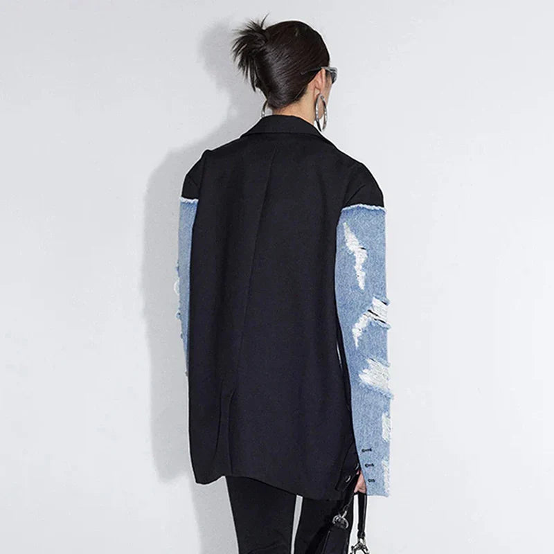 SF AL 24T135 Lapel Collar Women's Denim Jackets Washed Destroy Denim Patchwork Jacket Oversized Ladies Denim Jacket