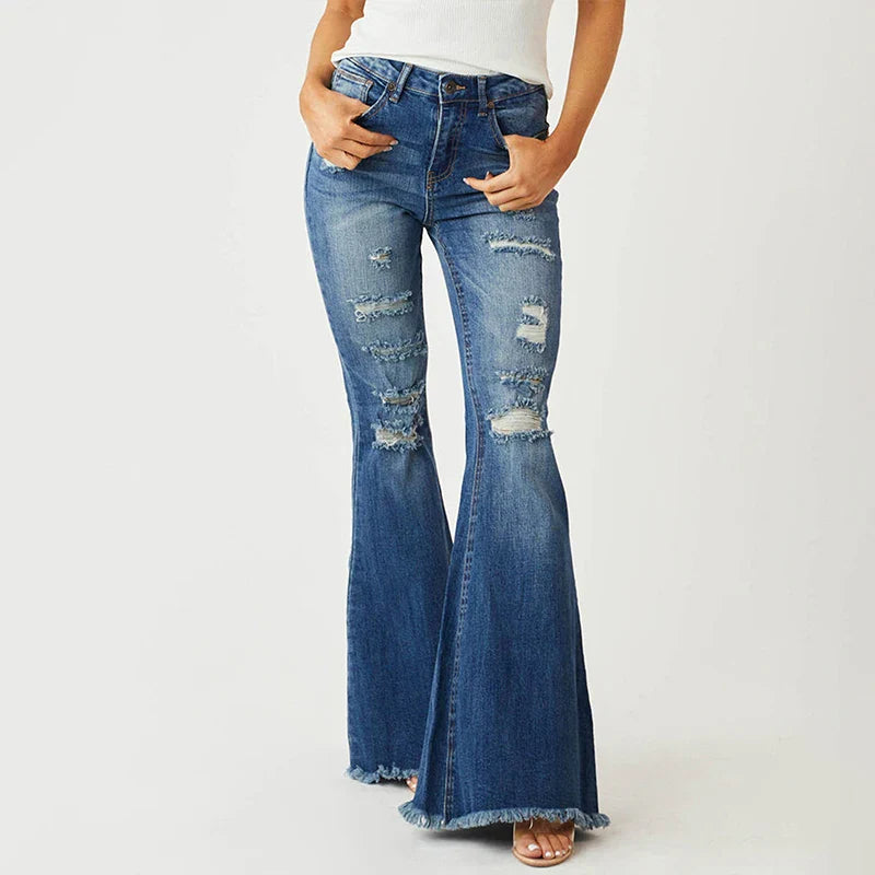 SF AL 24B051 Blue Denim Pants for Women Cotton Mid Waist Slim Stretch Women's Flared Pants Washed Destroy Women Jeans Pants