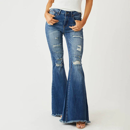 SF AL 24B051 Blue Denim Pants for Women Cotton Mid Waist Slim Stretch Women's Flared Pants Washed Destroy Women Jeans Pants