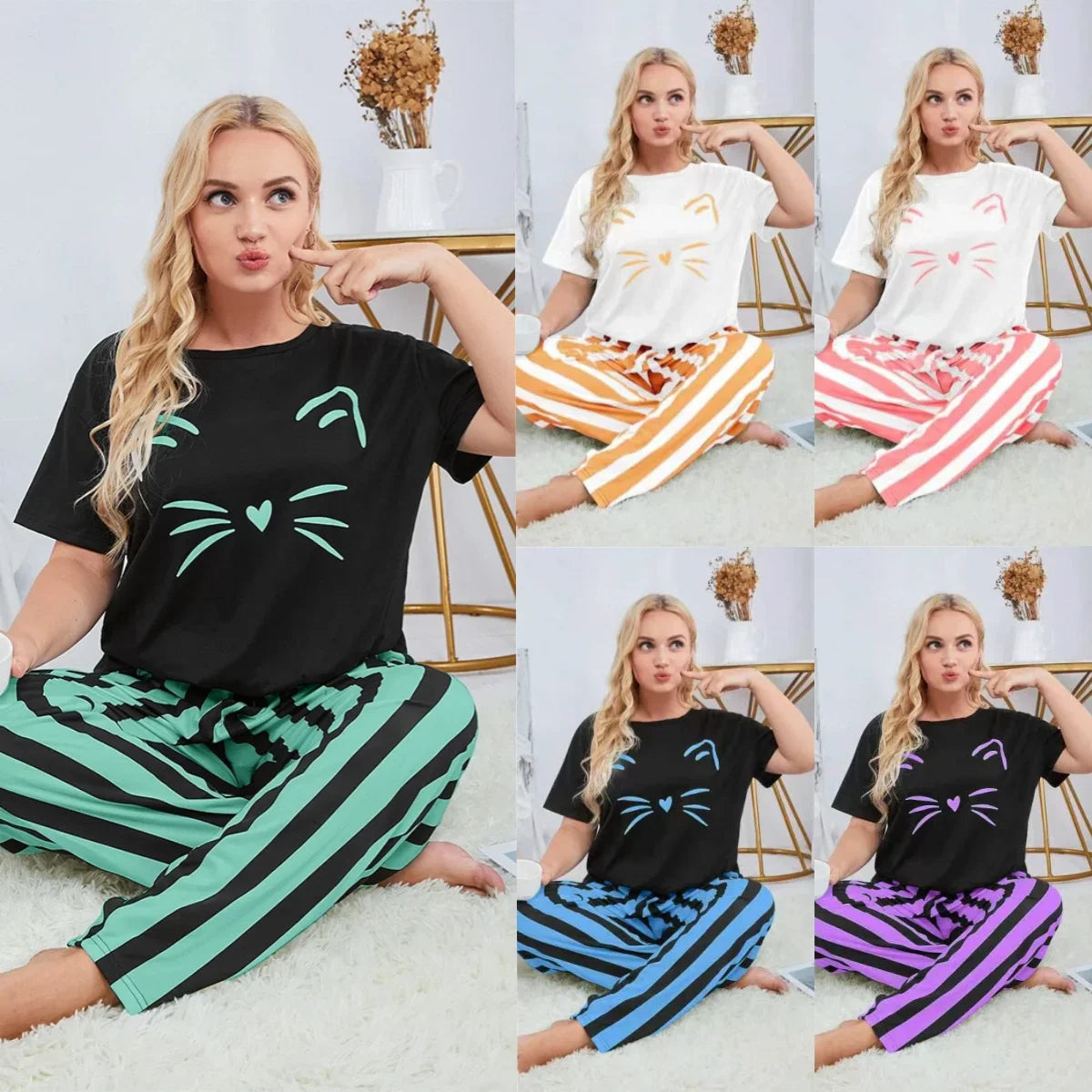 Russian Women's Loungewear Set Plus Size Cat Print Pajama Fat Size T-shirt and Striped Long Pants Sleepwear Comfy Homewear