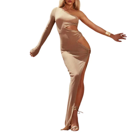 2024 Custom Split Asymmetric Dress Solid Color Lady Sexy Fashion Evening Women Dress One Sleeve Cut Out Maxi Dress
