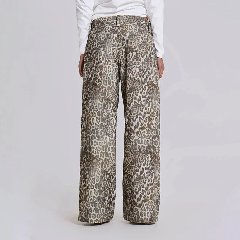 SF AL 24B030 Washed Leopard Print Women's Pants Trousers Wide Leg Pants Women High Street Cotton Women Leopard Jeans