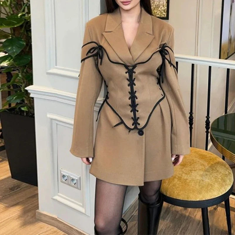 SF AL 24T323 Long Sleeves Girls Blazer With Bandage Waist Design Commuter Lapel Tweed Women Suit Polyester Casual Blazer