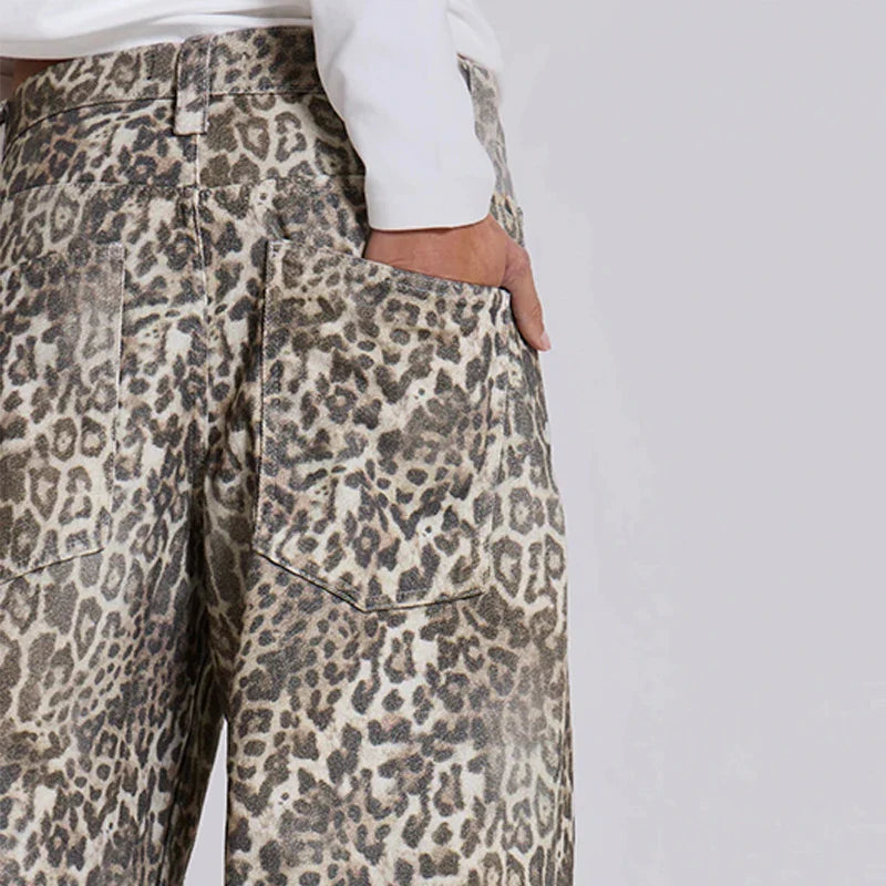 SF AL 24B030 Washed Leopard Print Women's Pants Trousers Wide Leg Pants Women High Street Cotton Women Leopard Jeans