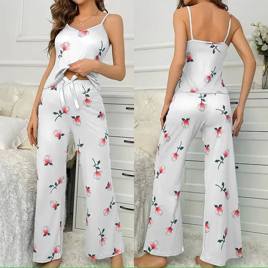 Sfy-y1470 Floral Print Women's Sleepwear Two-piece Sexy Casual Camisole and Pants Long Pants Pajamas Casual Loungewear Set