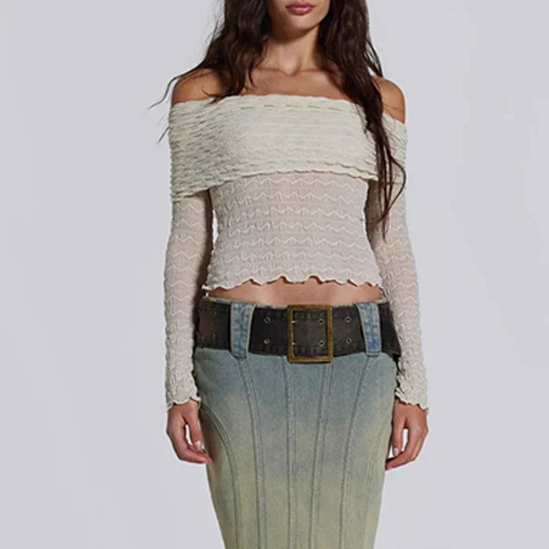 China Manufacturer Fashionable Off the Shoulder Women Tops Long Flared Sleeves Ruched Women Tops and Blouses