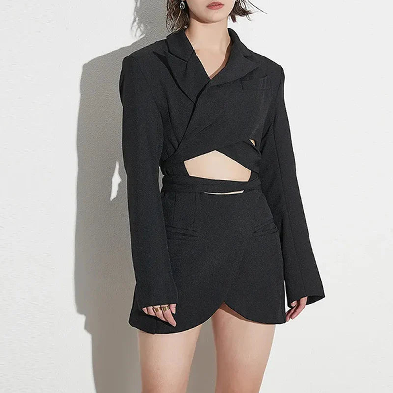 AL 24T136 Solid Hollow Out Slimming Blazers for Women Long Sleeve Tie up Casual Blazer Female Casual Blazer