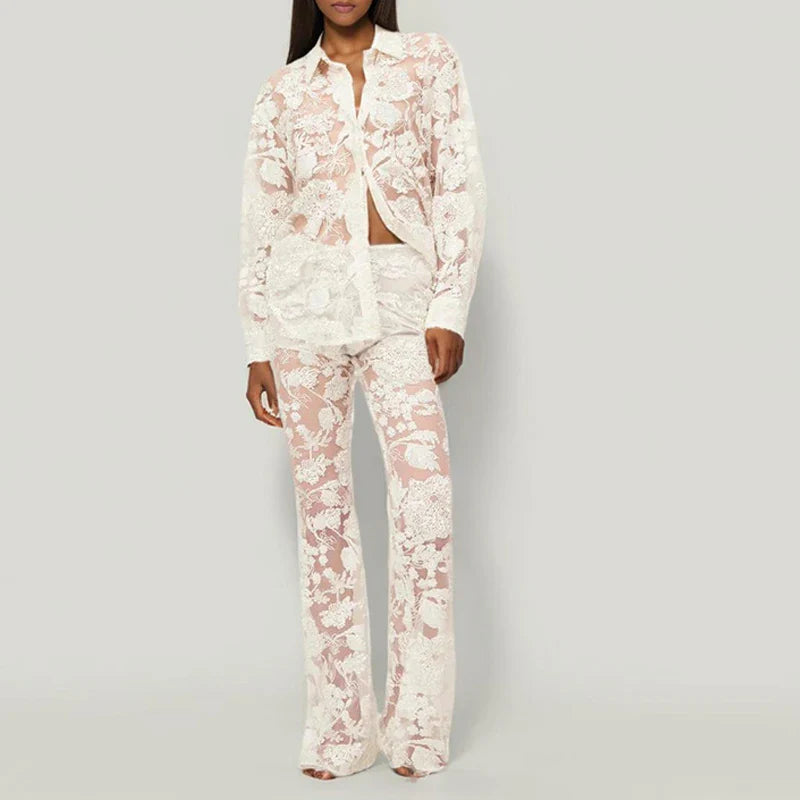 SF AL 24S031 Polyester Women 2 Pieces Sets Long Sleeve Shirt High Waist Lace Pants Two Piece Set Floral White Women's Suits