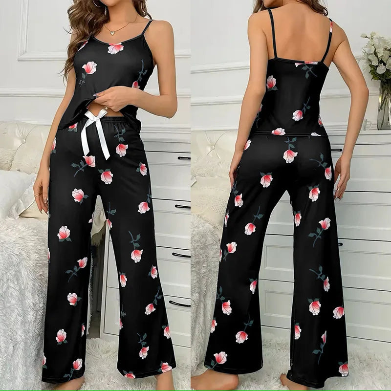 Sfy-y1470 Floral Print Women's Sleepwear Two-piece Sexy Casual Camisole and Pants Long Pants Pajamas Casual Loungewear Set
