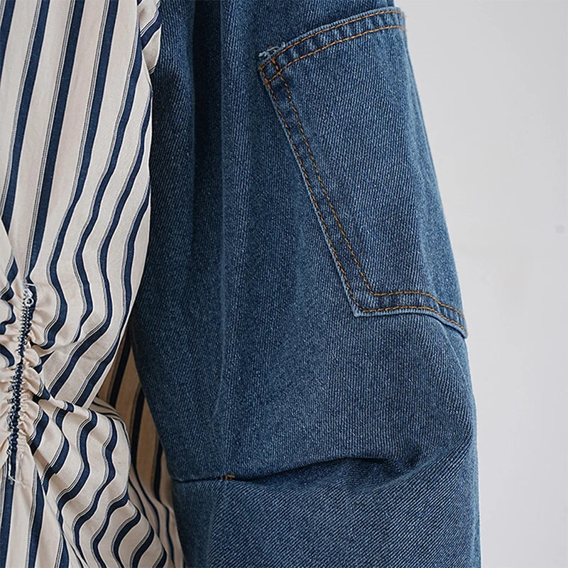 SF AL 24T319 Clashing Denim Zipper Loose Striped Shirt Patchwork Polyester Slim Fit Shirts for Women Ladies Blouse