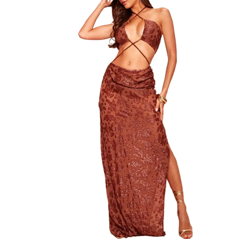 SF AL 24D052 Women Sexy Halter Party Dress Backless Dress Chocolate Textured Floral Chiffon Cross Front Polyester Maxi Dress