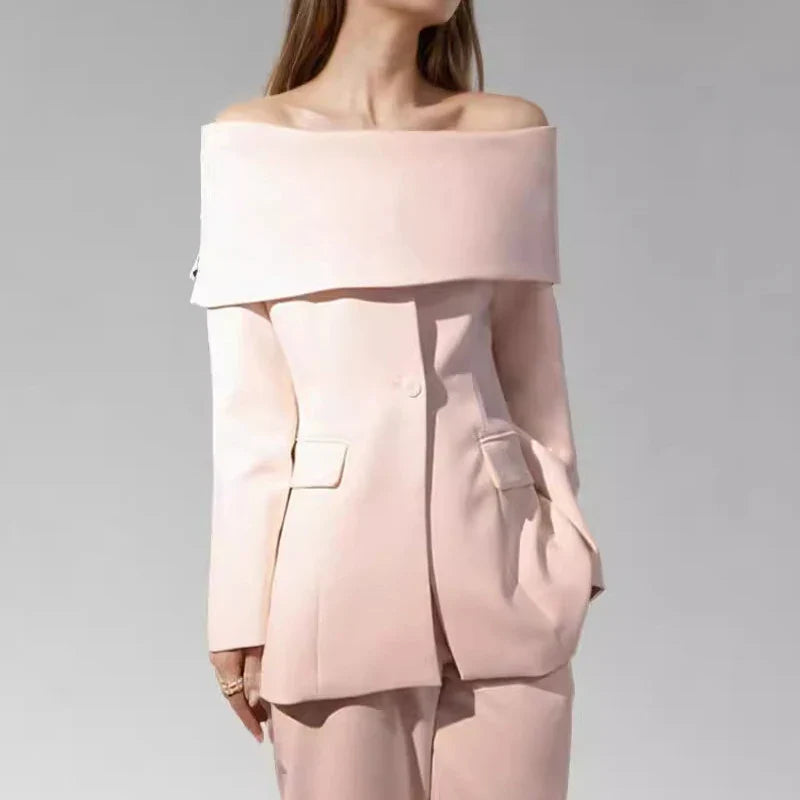 AL 24T159 One-Shoulder Women Blazer Jacket Polyester Strapless Solid Color Suit Long Sleeves Elegant Women Suits Blazers