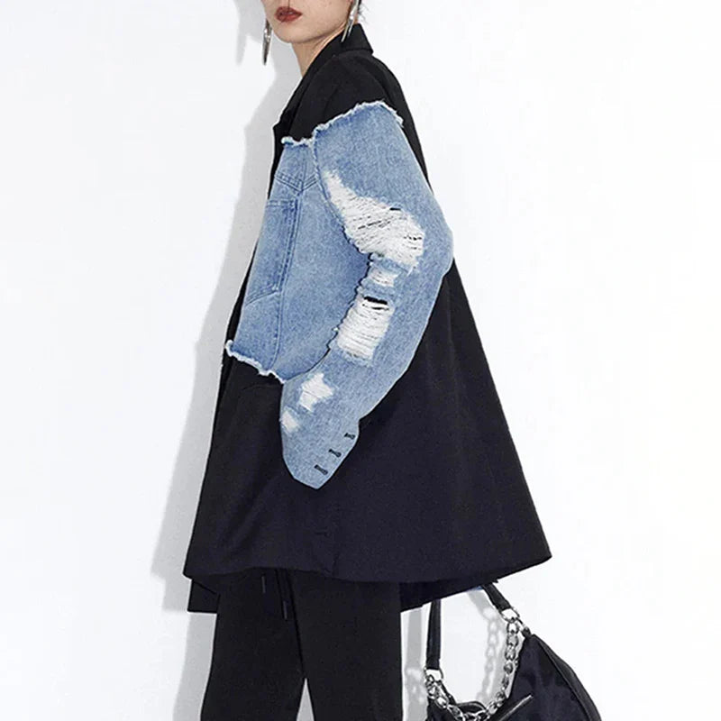 SF AL 24T135 Lapel Collar Women's Denim Jackets Washed Destroy Denim Patchwork Jacket Oversized Ladies Denim Jacket