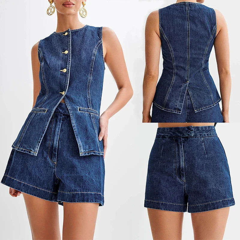 SF AL 24S041 Cotton Denim Sets for Women Casual Women Two Piece Set Sleeveless Top High Waisted Shorts Denim Set