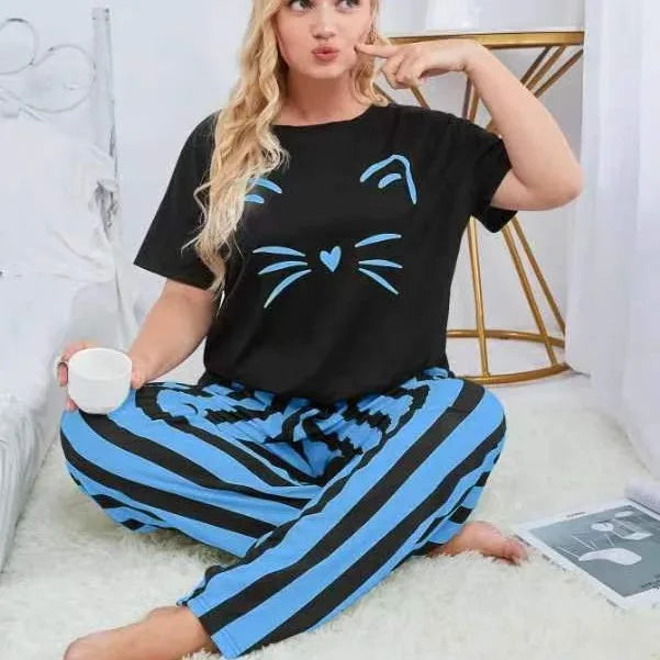 Russian Women's Loungewear Set Plus Size Cat Print Pajama Fat Size T-shirt and Striped Long Pants Sleepwear Comfy Homewear
