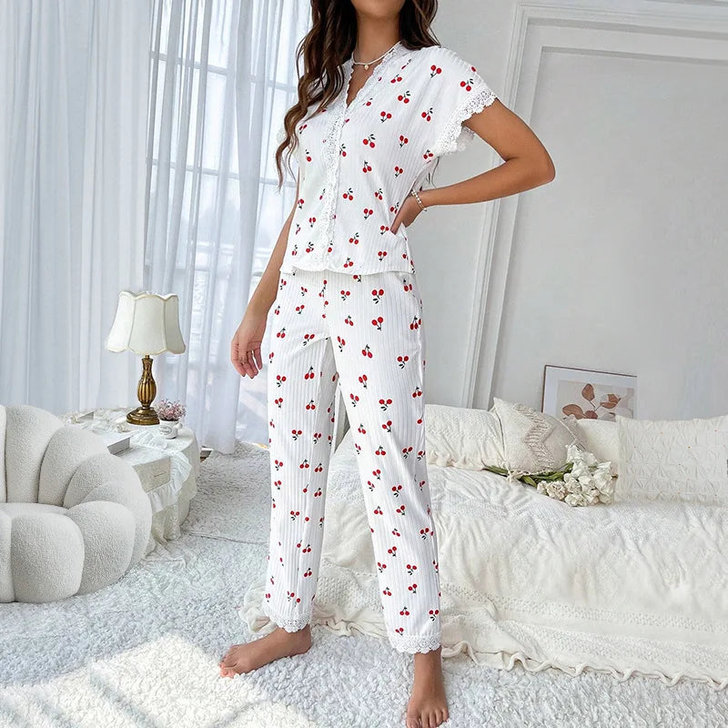 Sfy-y1442 Cherry Print Pajamas Women Set Contrast Lace V-neck Loose Short Sleeve and Long Pants Pajamas Comfy Home Wear
