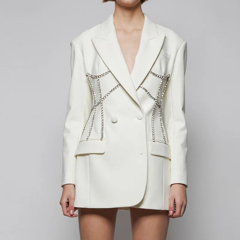 AL 24T153 Lapel Women's Suit Blazer Rhinestone Women Long Coat Double-Row Two-Button Women Blazer Elegant Ladies Blazer