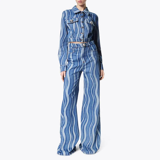 SF AL 24S032 Long Sleeves Wave Print Women's Denim Sets Short Slim Jacket High Waisted Straight Leg Pants Ladies Two Piece Sets