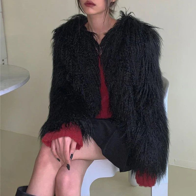 SF AL 24T328 Long Sleeves Short Slim Faux Fur Coat Crew Neck Pure Color Polyester Women's Faux Fur Coats