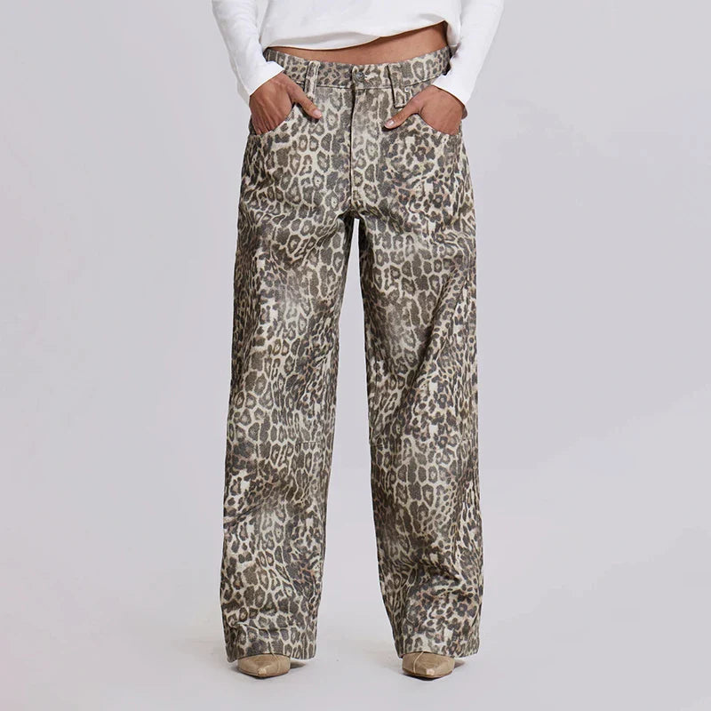 SF AL 24B030 Washed Leopard Print Women's Pants Trousers Wide Leg Pants Women High Street Cotton Women Leopard Jeans