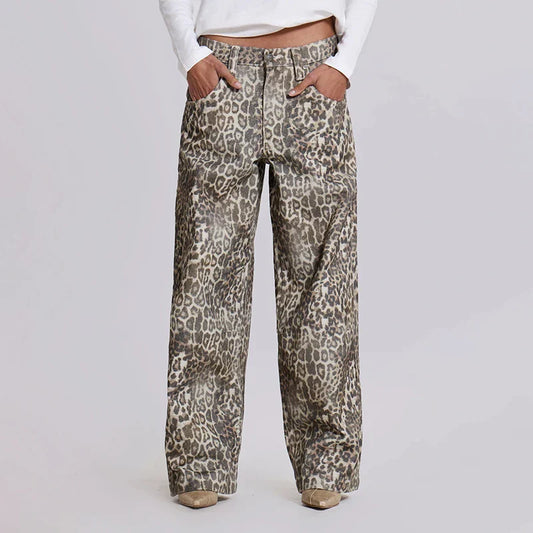 SF AL 24B030 Washed Leopard Print Women's Pants Trousers Wide Leg Pants Women High Street Cotton Women Leopard Jeans
