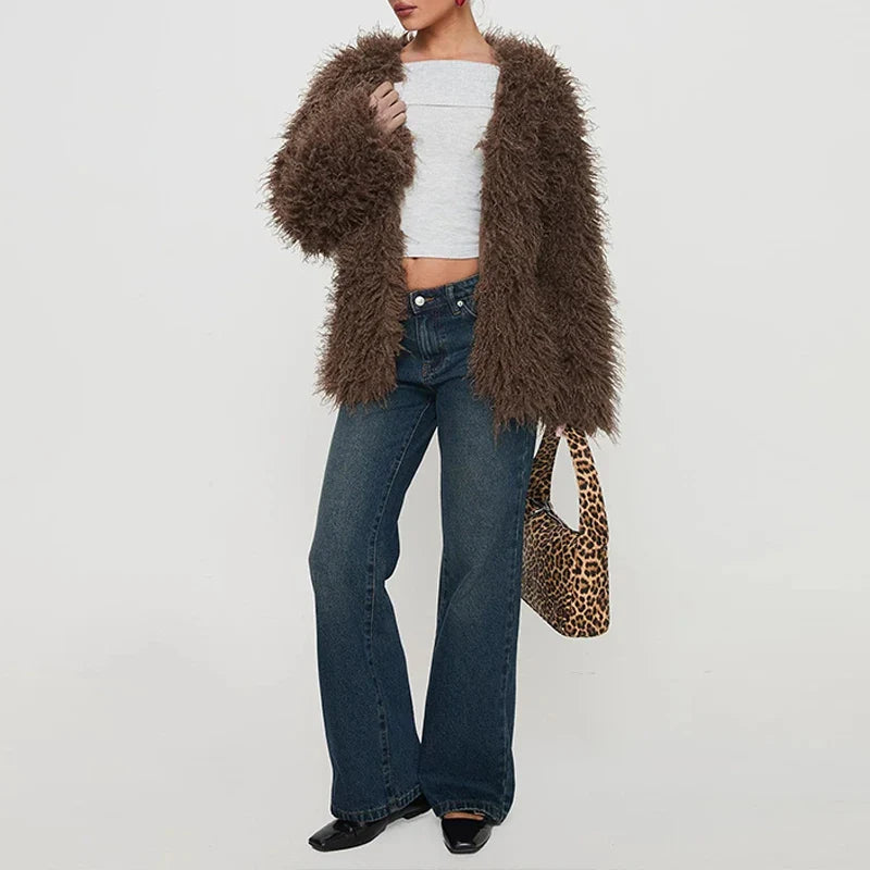 SF AL 24T327 V-Neck Faux Fur Coat Women Polyester Jackets for Women Long Sleeves Brown Color Ladies Fur Coat