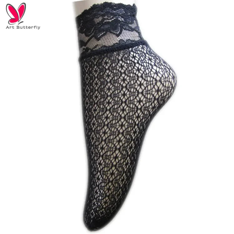 Factory Direct Sale Custom Logo Black Ankle Fishnet Lace Kneehi Short Socks for Women