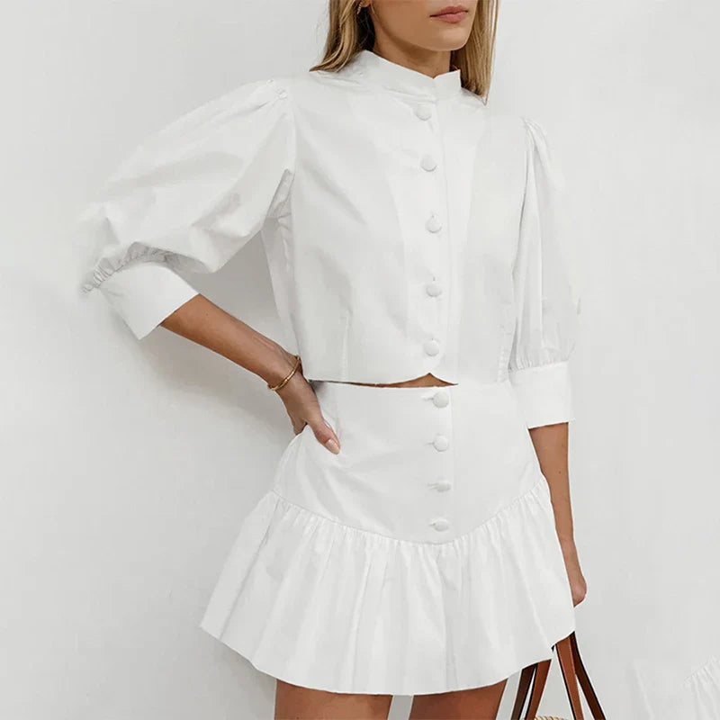 SF AL 24S038 Soild Color Women Skirt Set White Lantern Sleeve Shirt Short Skirt Two Piece Set Cotton Women's Casual Sets