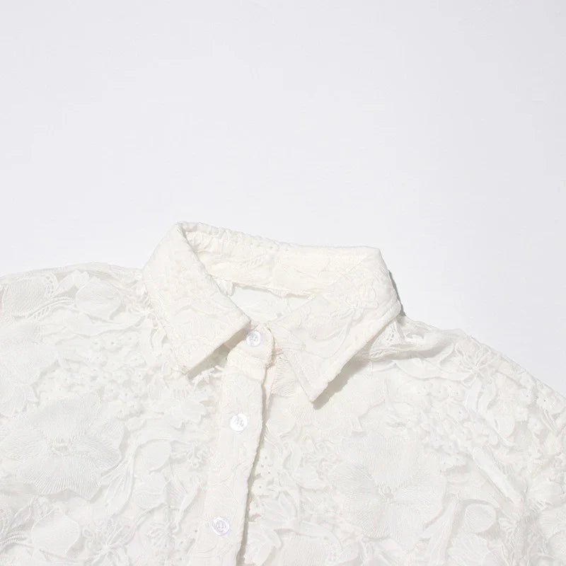 SF AL 24S031 Polyester Women 2 Pieces Sets Long Sleeve Shirt High Waist Lace Pants Two Piece Set Floral White Women's Suits