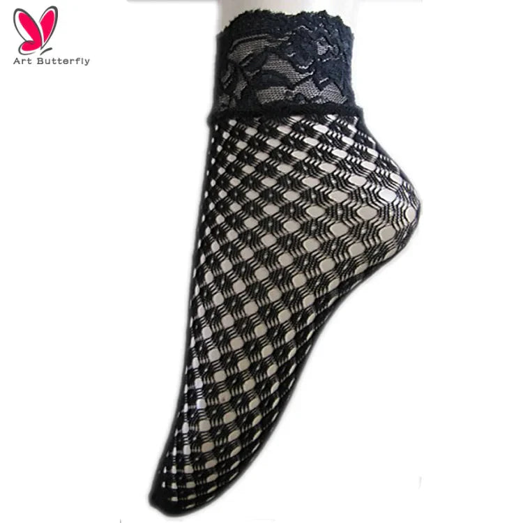Factory Direct Sale Custom Logo Black Ankle Fishnet Lace Kneehi Short Socks for Women