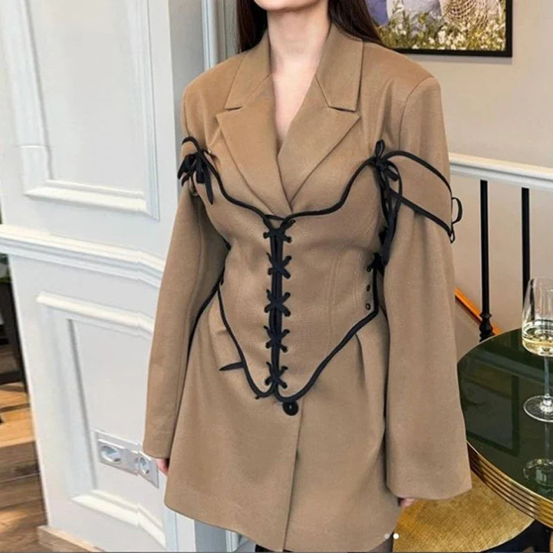 SF AL 24T323 Long Sleeves Girls Blazer With Bandage Waist Design Commuter Lapel Tweed Women Suit Polyester Casual Blazer