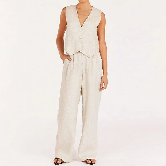SF AL 24S034 Linen Women's Casual Suit Sleeveless Women's Casual Sets Solid Color Vest High Waist Pants Ladies Two Piece Set
