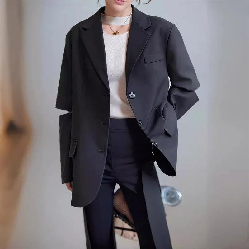 Long Sleeve Women's Suit Breasted Loose Blazers Ladies Women Mid-Length Polyester Formal Suit