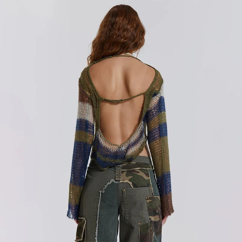 New Trend American Retro Flared Sleeves Knit Women Tops Boat Neckline Multi Abstract Print Casual Shirts Blouse Women Tops