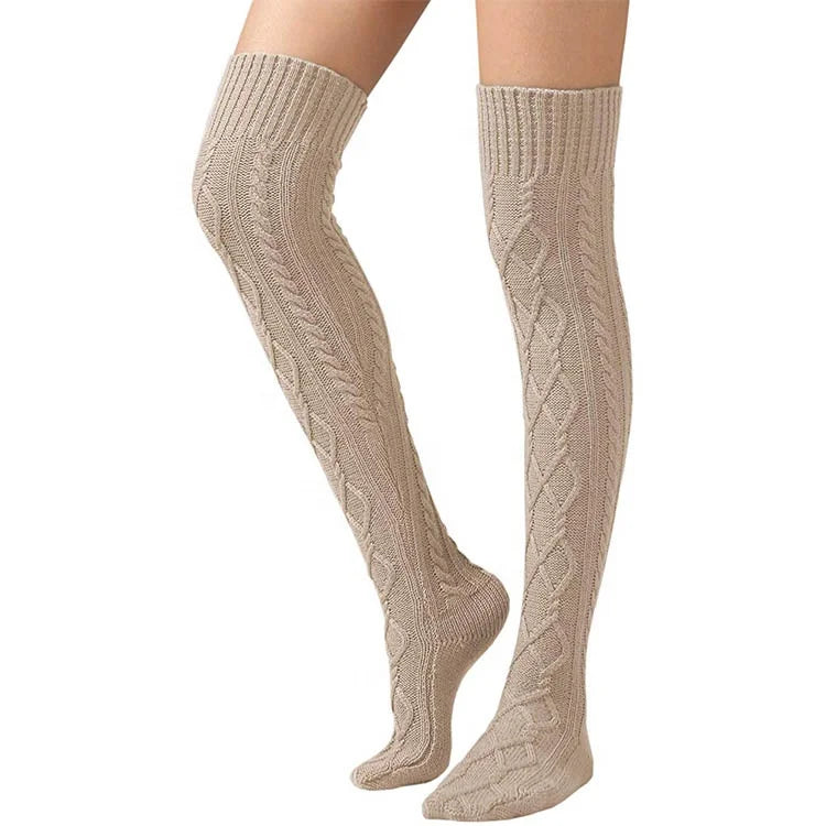 Can Custom logo Women OEM Knit Thigh Knee High Socks Boot Compression Extra Long Winter Cable Stockings