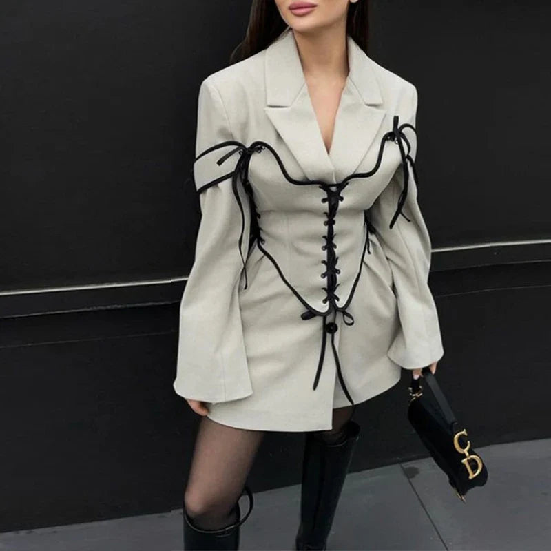 SF AL 24T323 Long Sleeves Girls Blazer With Bandage Waist Design Commuter Lapel Tweed Women Suit Polyester Casual Blazer