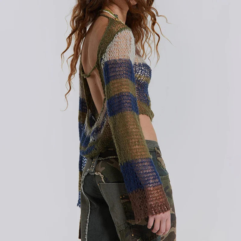 New Trend American Retro Flared Sleeves Knit Women Tops Boat Neckline Multi Abstract Print Casual Shirts Blouse Women Tops