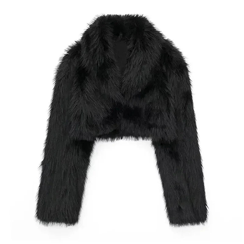 SF AL 24T326 Black Faux Fur Short Jacket Long Sleeves Women's Jacket With Fur Polyester Women Faux Fur Coat