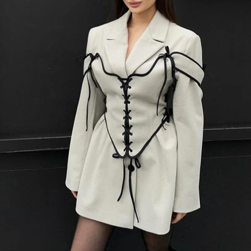 SF AL 24T323 Long Sleeves Girls Blazer With Bandage Waist Design Commuter Lapel Tweed Women Suit Polyester Casual Blazer