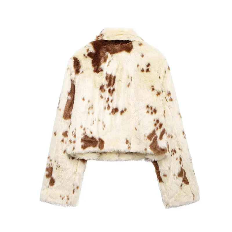 SF AL 24T308 Long Sleeves Women Faux Fur Coat Color Blocking Lapel Fur Leopard Print Polyester Women's Faux Fur Coats